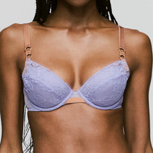 Load image into Gallery viewer, An all-lace padded plunge bra with removable pads. This gorgeously shaped bra adds cleavage to any size. Contrasting bronze adjustable straps give a fashionable look.
A light modern take on the classic plunge bra.
Fabric content: Polyester:34%, Cotton:10%, Polyamide:50%, Elastane:6%