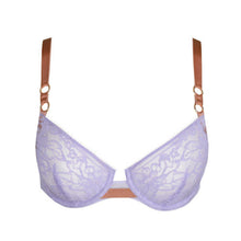 Load image into Gallery viewer, An all-lace non-padded plunge bra. This gorgeously shaped bra adds cleavage to any size. Contrasting bronze adjustable straps give a fashionable look.
A light modern take on the classic plunge bra.
Fabric content: Polyamide:90%, Elastane:10%