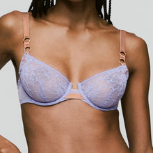 Load image into Gallery viewer, An all-lace non-padded plunge bra. This gorgeously shaped bra adds cleavage to any size. Contrasting bronze adjustable straps give a fashionable look.
A light modern take on the classic plunge bra.
Fabric content: Polyamide:90%, Elastane:10%