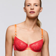 Load image into Gallery viewer, Woman wearing a red bra with orange straps on a plain background