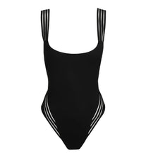 Load image into Gallery viewer, Black swimsuit with white stripes on a white background