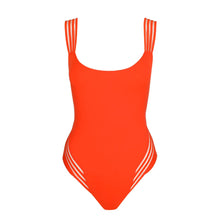 Load image into Gallery viewer, Orange swimsuit with white stripes on a white background