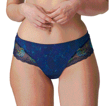 Load image into Gallery viewer, SALE A deluxe G/String in a voile fabric with an original print. These briefs are fully opaque and feature lots of embroidery at the legs. Sapphire Blue is a warm hue that gives the skin a radiant glow. The colourful embroidery will make the body shine.
Fabric content: Polyamide 66%, Polyester 16%, Elastane 13%, Cotton 5%. Sapphire Blue.