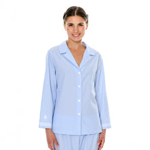 Load image into Gallery viewer, Blue & white stripe pure cotton pyjamas trimmed with 100% cotton lace. Front buttoned with a revere collar. Full length trouser with a soft elasticated waist. Perfect for sleeping or lounging.
Celestine garments are also addictive, so watch out. Once tried, there is no turning back! Celestine nightwear, dressing gowns, short robes and pyjamas drop from the shoulder, therefore one size fits all.
Fabric composition: 100% Cotton.
Made in Germany.
Machine Washable.