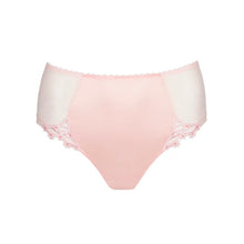 Load image into Gallery viewer, Pink and white bikini bottom with frayed edges on a white background