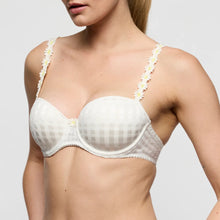 Load image into Gallery viewer, White bra with floral straps worn by a model on a light gray background