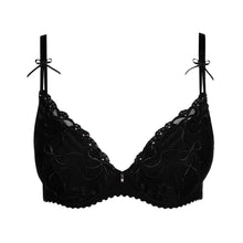 Load image into Gallery viewer, Black bra with floral embroidery on a white background