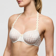 Load image into Gallery viewer, White checkered bra with floral details on a plain background