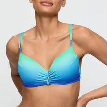 Load image into Gallery viewer, Woman wearing a blue and green gradient bikini top on a white background
