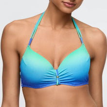 Load image into Gallery viewer, Blue and green gradient bikini top on a model against a neutral background