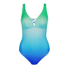 Load image into Gallery viewer, Gradient blue to green swimsuit on a white background