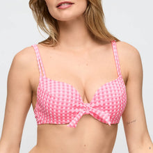 Load image into Gallery viewer, Woman wearing a pink checkered bikini top on a light gray background