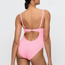 Load image into Gallery viewer, Pink checkered swimsuit with cutout design on a white background