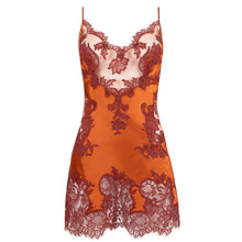 Load image into Gallery viewer, A garnet/burgundy satin chemise with dark red lace applique and floral patterns, featuring thin spaghetti straps and a V-neckline, shown against a plain white background.