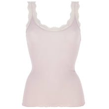 Load image into Gallery viewer, A rosewood pink ribbed pure silk tank top with white lace trim along the scoop neckline and straps, shown against a plain white background.