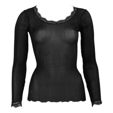 Load image into Gallery viewer, A black long-sleeve silk knit-ribbed sheer mesh top with black calais lace trim at the scoop neckline and cuffs, displayed on a ghost mannequin against a plain white background.