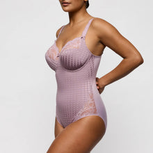 Load image into Gallery viewer, Woman wearing a light purple bodysuit with lace details on a plain background