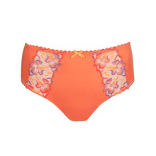 Load image into Gallery viewer, Orange bikini bottom with floral lace trim on a white background