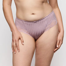 Load image into Gallery viewer, Person wearing a pair of purple lace underwear on a plain background