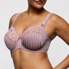Load image into Gallery viewer, Purple bra with lace details worn by a model on a plain background