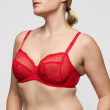 Load image into Gallery viewer, Red lace bra worn by a model on a light gray background