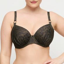 Load image into Gallery viewer, Black patterned bra worn by a model on a light gray background