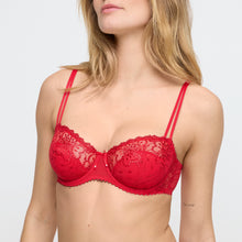 Load image into Gallery viewer, Red lace bra worn by a model on a white background