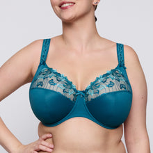 Load image into Gallery viewer, Teal bra with lace details worn by a model on a plain background