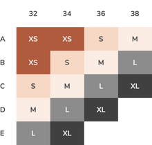 Load image into Gallery viewer, Size chart with letters A to E and numbers 32 to 38 for clothing sizes.