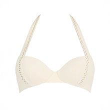 Load image into Gallery viewer, This stunning Simmer Stars formed plunge bikini top by Aubade showcases an elegant cream design enhanced by a double row of gleaming golden studs. The halter neck is a timeless classic that offers a flattering shape.
The lightly moulded cup on the top is underwired for additional support and light padding ensures a comfortable fuller fit.
This is a refined choice for those seeking both style and empowerment in their swimwear collection.