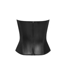 Load image into Gallery viewer, This is a beautiful, traditional corset made the French way. It has a leather appearance, giving a wetlook sheen. Its clever boning draws in the waist and supports the bust. It also has a beautiful lace detail at the bust and hip line. The back has a centred zip. This is a stunning garment, perfect for day or evening wear.
Made in France.