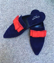 Load image into Gallery viewer, All suede leather slippers, upper, insole and sole. The insole is cushioned for extra comfort. Navy blue pointed toe, with grosgrain crimson bow.
