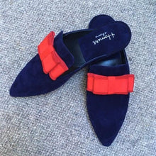 Load image into Gallery viewer, All suede leather slippers, upper, insole and sole. The insole is cushioned for extra comfort. Navy blue pointed toe, with grosgrain crimson bow.