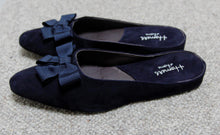 Load image into Gallery viewer, SALE Beautiful all suede leather slippers, upper, insole and sole. The insole is cushioned for extra comfort. Elegant and practical, these slippers could pass muster in any setting, both indoors, outside, and even at social events.
Navy/Navy
Suede with navy grosgrain bow and rounded toe. They also have a gentle heel.