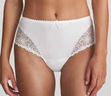 Load image into Gallery viewer, This is the classic Marie Jo full brief. The fine lace embroidery runs over the hips and really brings out the elegant line. With no visible lines, it covers part of the tummy plus full coverage at the back to create a stylish yet comfortable brief. Fabric content: Polyamide: 76%, Polyester: 10%, Elastane: 11%, Polyester 7% Cotton: 7% Ivory.
