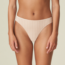 Load image into Gallery viewer, A wide-sided G/String that is beautifully smooth and opaque at the front. A cheeky daisy embroidery detail and the back completes the look! A very feminine, sensual and sexy style that reveals the bottom. Fabric Content: Polyamide: 77%, Elastane: 17%, Cotton: 6%. Caffé Latte.