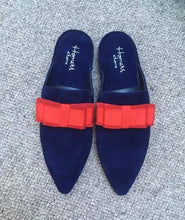 Load image into Gallery viewer, All suede leather slippers, upper, insole and sole. The insole is cushioned for extra comfort. Navy blue pointed toe, with grosgrain crimson bow.