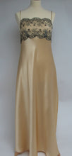 Load image into Gallery viewer, Full length pure Silk nightgown. This nightdress has a black lace bodice (lined at the back for full coverage) which contrasts beautifully with the golden honey full length skirt. Full length in a heavy silk satin, there is a slit to the side for ease when sleeping.