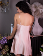 Load image into Gallery viewer, Rose petal pink V neck short silk nightslip with appliqué lace detail and adjustable spaghetti straps. 
