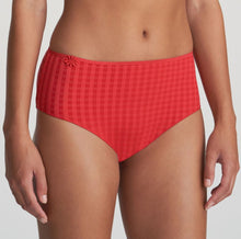 Load image into Gallery viewer, These are a full brief with a wide hip detail and are worn higher on the waist but also cover the bottom completely. They are totally opaque, but with the characteristic An Avero daisy on the waist completes the picture! Fabric Content: Polyamide: 79%, Elastane: 17%, Cotton: 4%. Scarlet.