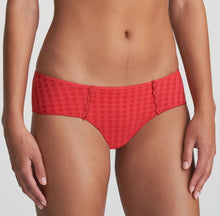 Load image into Gallery viewer, Hipster Shorts-style bottoms. They are completely opaque, and have two rows of signature Avero daisies to the front. A sexy, flirtatious style that covers bottom in a special way – pure seduction. Fabric Content: Polyamide: 79%, Elastane: 17%, Cotton: 4%. Scarlet.