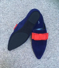 Load image into Gallery viewer, All suede leather slippers, upper, insole and sole. The insole is cushioned for extra comfort. Navy blue pointed toe, with grosgrain crimson bow.