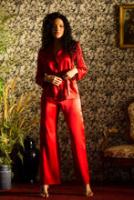 Load image into Gallery viewer, Marjolaine are the classic 'men's style' pyjamas, but with some elegant extra features. They are made from 100% pure heavy weight silk. They have a revere collar with beautiful stitching detail. An elasticated waist with a flat front panel for extra smoothness when sleeping. The trouser legs are stylishly wide for extra comfort and movement. Two front pockets on the jacket and a belt at the waist finish off these easy, chic and altogether fabulous ladies pyjamas.
