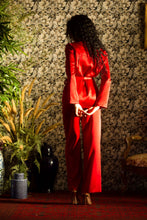 Load image into Gallery viewer, Marjolaine are the classic 'men's style' pyjamas, but with some elegant extra features. They are made from 100% pure heavy weight silk. They have a revere collar with beautiful stitching detail. An elasticated waist with a flat front panel for extra smoothness when sleeping. The trouser legs are stylishly wide for extra comfort and movement. Two front pockets on the jacket and a belt at the waist finish off these easy, chic and altogether fabulous ladies pyjamas.