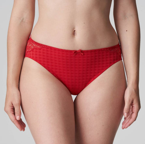 Bikini style Rio briefs in a checked fabric, luxuriously finished with stretch lace all the way to the back.