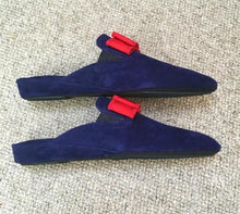 Load image into Gallery viewer, All suede leather slippers, upper, insole and sole. The insole is cushioned for extra comfort. Navy blue pointed toe, with grosgrain crimson bow.