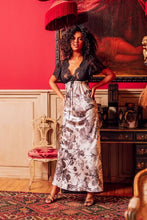 Load image into Gallery viewer, SALE Made in France, a beautiful full-length nightgown. It has a gently stretch lace on the bodice and short sleeves which then pluges low at the back. An adjustable draw string under the bust guarantees a perfect fit.