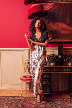 Load image into Gallery viewer, SALE Made in France, a beautiful full-length nightgown. It has a gently stretch lace on the bodice and short sleeves which then pluges low at the back. An adjustable draw string under the bust guarantees a perfect fit.