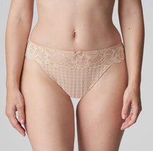 Load image into Gallery viewer, This G/String leaves the bottom uncovered and makes the leg appear longer. Sexy yet discreet, with a super lacy look. Non bulky under clothing. Fabric content: Polyamide: 73%, Elastane:19%, Cotton: 8%. Caffé Latte.