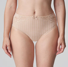 Load image into Gallery viewer, These full briefs come higher than the Rio briefs and are an incredibly comfortable fit. A very elegant way to cover the tummy. The lace detail adds to this elegant piece of lingerie. Fabric Content: Polyamide: 72%, Elastane: 23%, Cotton: 5%. Caffé Latte.